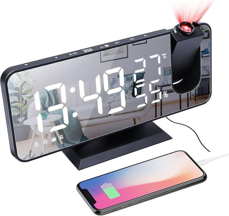 Mightree Projection Alarm Clock for Bedroom, Digital Alarm Clock with USB Charger, 7.4" Large LED Mirror Display Radio Alarm Clock, Dual Smart Alarm with Projection on Ceiling, Black - Image 1